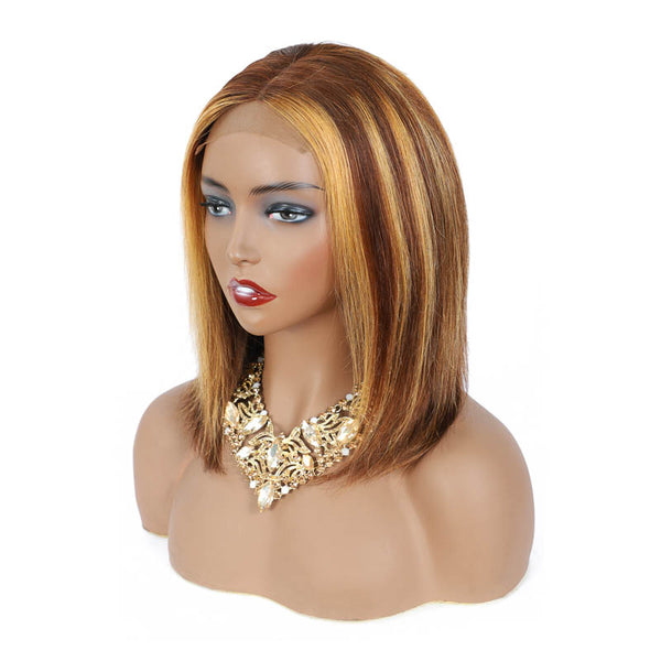 12INCHE 4*4 HIGHLIGHTS BRONZE BROWN BOB WIG GLUELESS T PART SIMPLE LACE WIG