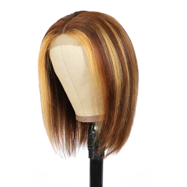 12INCHE 4*4 HIGHLIGHTS BRONZE BROWN BOB WIG GLUELESS T PART SIMPLE LACE WIG