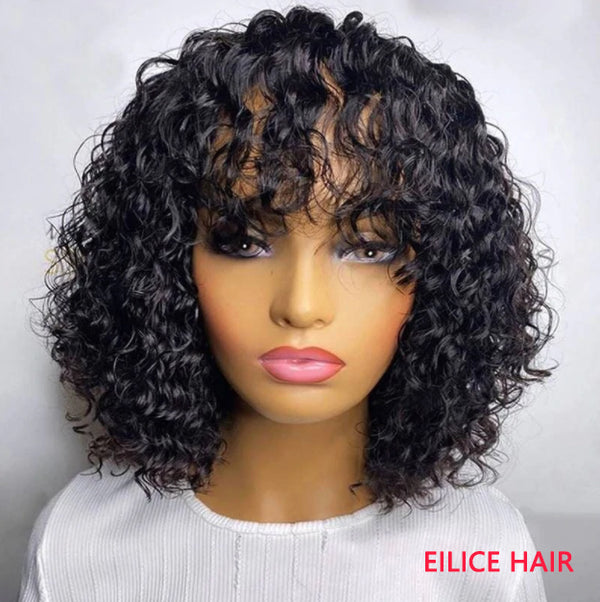 10INCHS 180% Density SUPER EASY CURLY WIG WITH BANGS CURLY FRINGE WIG