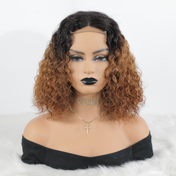 Honey Brown Curly Bob Wig Ombre High Density Closure Wig