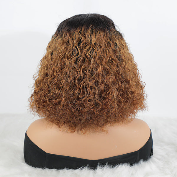 Honey Brown Curly Bob Wig Ombre High Density Closure Wig