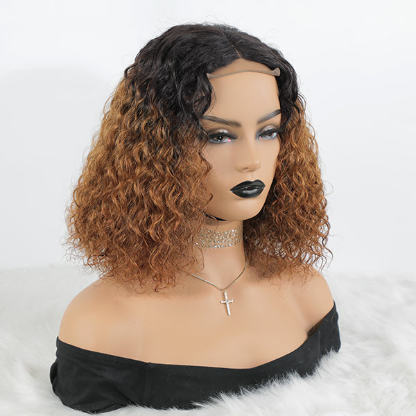 Honey Brown Curly Bob Wig Ombre High Density Closure Wig