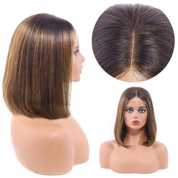 12INCHE 4*4 HIGHLIGHTS BRONZE BROWN BOB WIG GLUELESS T PART SIMPLE LACE WIG