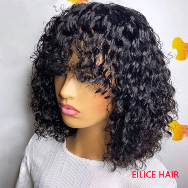 10INCHS 180% Density SUPER EASY CURLY WIG WITH BANGS CURLY FRINGE WIG