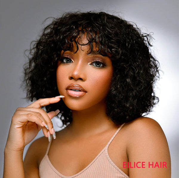 10INCHS 180% Density SUPER EASY CURLY WIG WITH BANGS CURLY FRINGE WIG