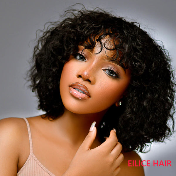 10INCHS 180% Density SUPER EASY CURLY WIG WITH BANGS CURLY FRINGE WIG