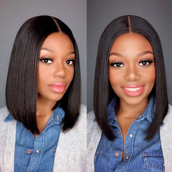 12 INCHES BOB WIG HUMAN HAIR CLOSURE WIG SILKY BLUNT CUT NATURAL COLOR