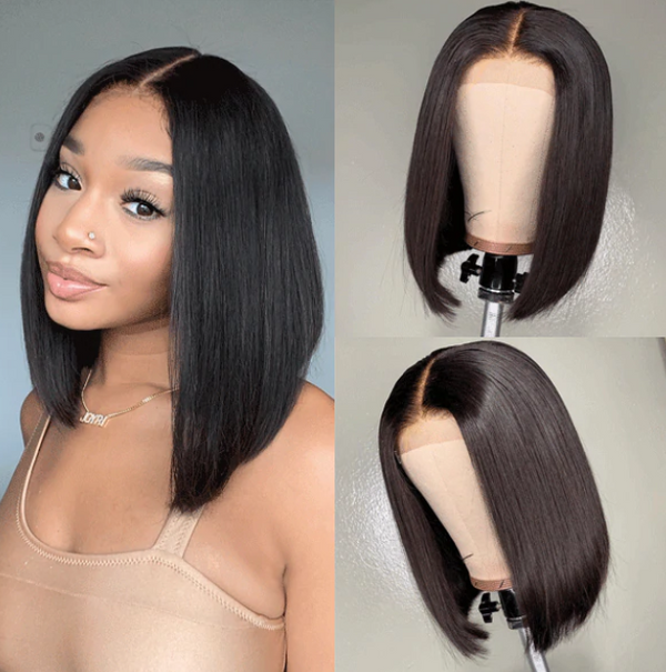 12 INCHES BOB WIG HUMAN HAIR CLOSURE WIG SILKY BLUNT CUT NATURAL COLOR