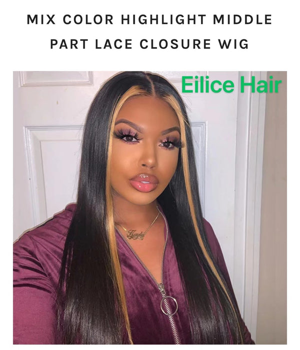 16-20 INCHES MIX COLOR HIGHLIGHT MIDDLE PART LACE CLOSURE WIG