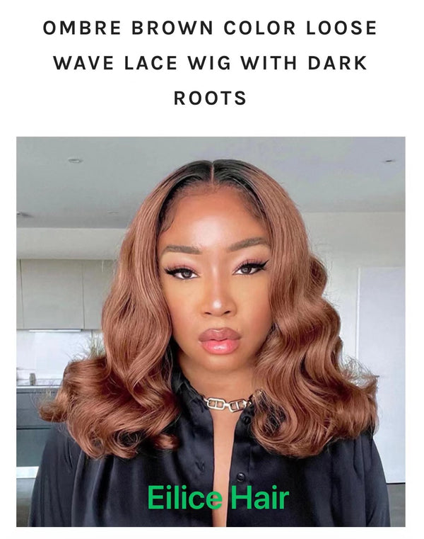 12-16 INCHES 4X4 LACE OMBRE BROWN COLOR LOOSE WAVE LACE WIG WITH DARK ROOTS