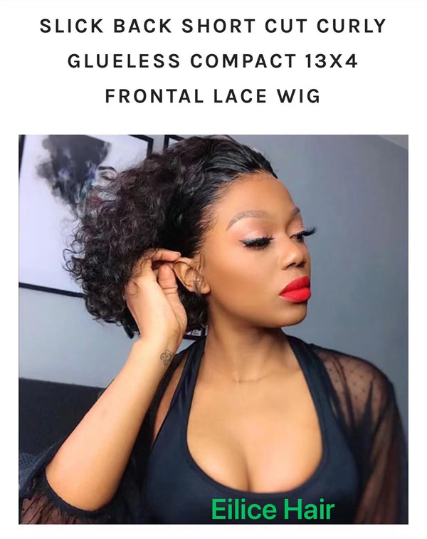 8 INCHES SLICK BACK SHORT CUT CURLY GLUELESS COMPACT 13X4 FRONTAL LACE WIG