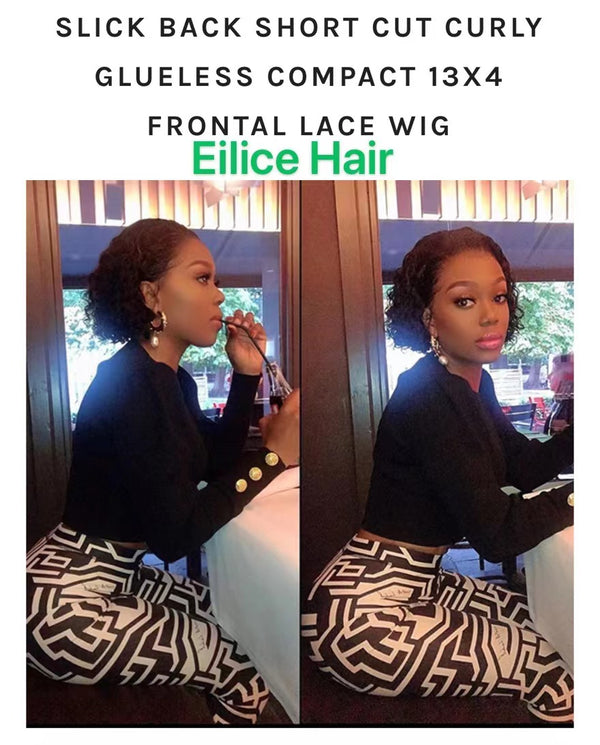 8 INCHES SLICK BACK SHORT CUT CURLY GLUELESS COMPACT 13X4 FRONTAL LACE WIG