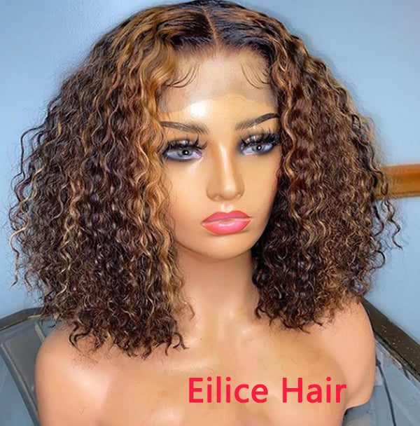 12 INCHES 13X4 MIX COLOR BROWN CURLY BOB WIG COMPACT FRONTAL LACE WIG