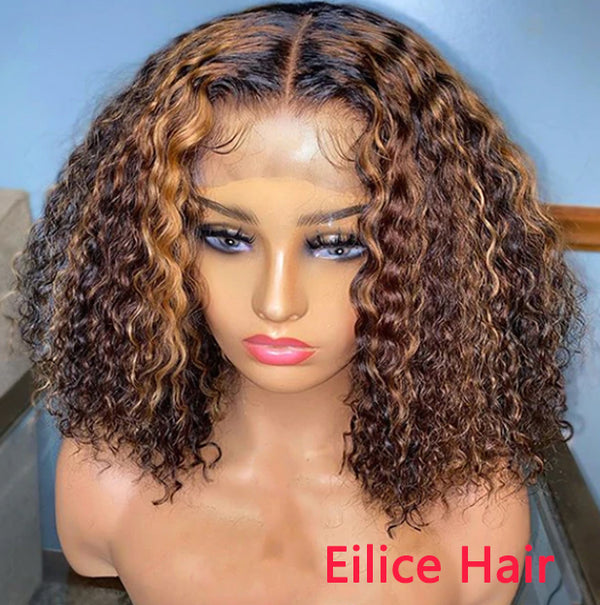 12 INCHES 13X4 MIX COLOR BROWN CURLY BOB WIG COMPACT FRONTAL LACE WIG