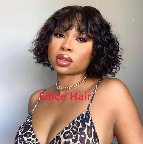 8-14 INCHES 4X4 LACE SHORT CUT LOOSE CURL BOB CLOSURE WIG WITH WISPY BANGS