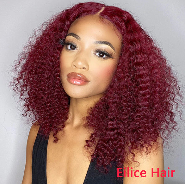 BURGUNDY COLOR JERRY CURL BOB WIG T PART SIMPLE LACE WIG