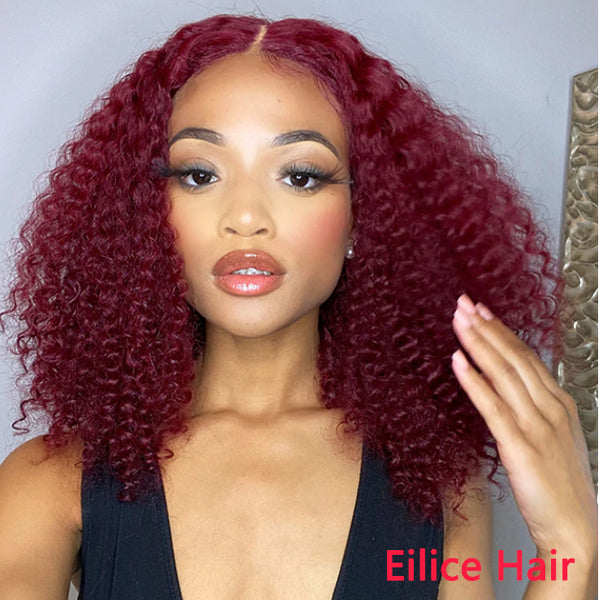 BURGUNDY COLOR JERRY CURL BOB WIG T PART SIMPLE LACE WIG