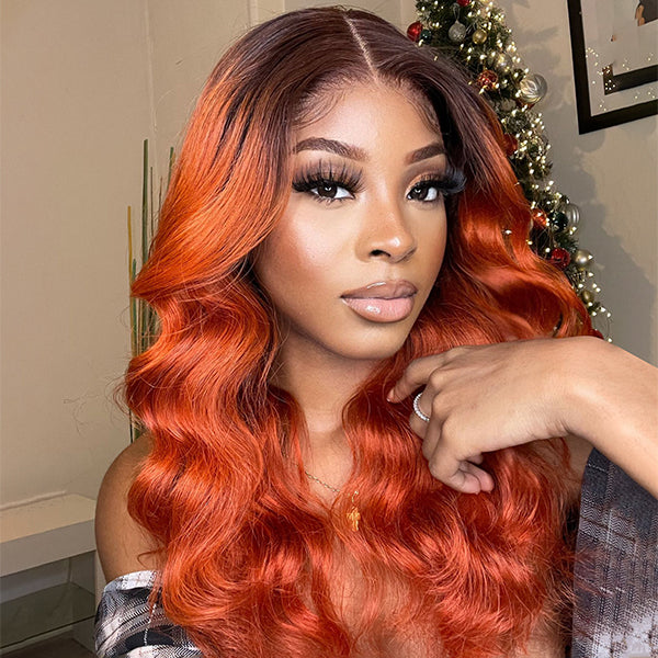 Reddish Orange Loose Wave Extented 4X4 Closure Lace Wig With Dark Roots