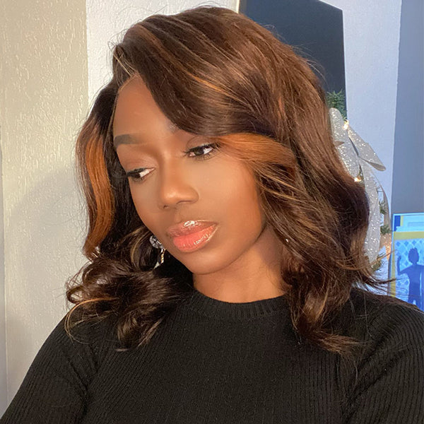 Bouncy Curls Wavy Lace Closure Bob Wig With Highlights