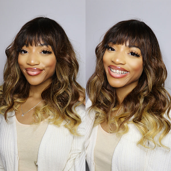 3 Tones Ombre Color Glueless Wig With Bangs