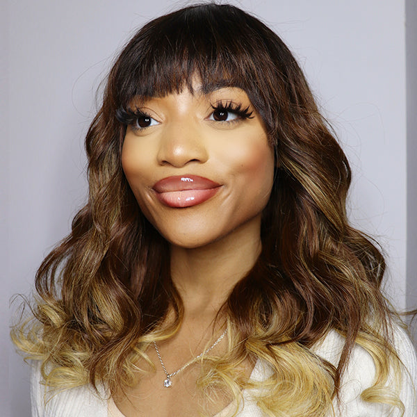 3 Tones Ombre Color Glueless Wig With Bangs