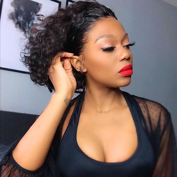 Slick Back Short Cut Curly Glueless Compact 13X4 Frontal Lace Wig