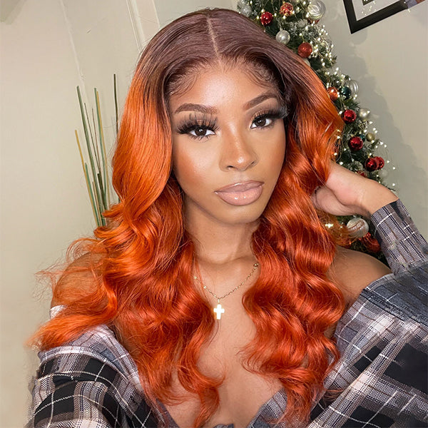 Reddish Orange Loose Wave Extented 4X4 Closure Lace Wig With Dark Roots