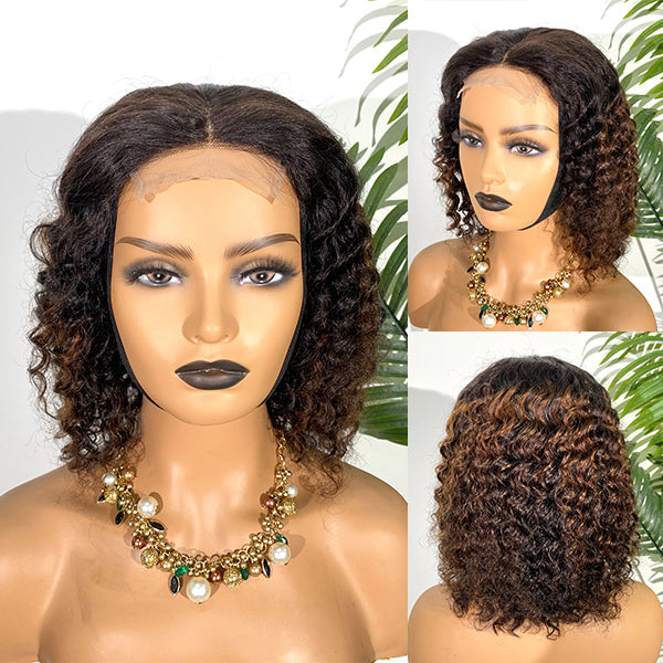 Brown Ombre Highlights Lace Closure Short Curly Wig