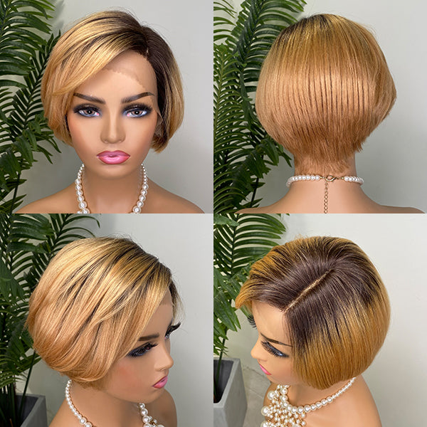 Honey Blonde Celebrity Style Pixie Short Cut T Part Lace Wig