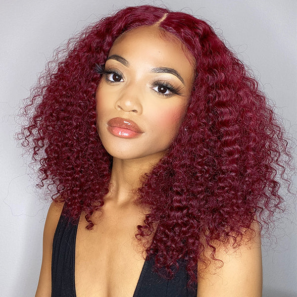 Burgundy Color Jerry Curl Bob Wig T Part Simple Lace Wig