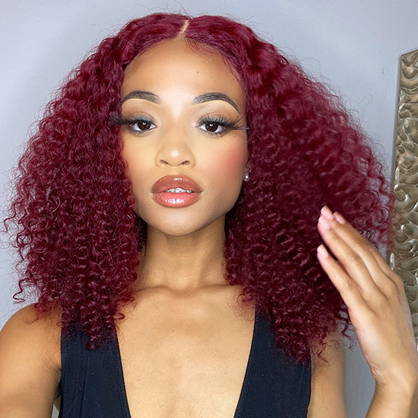 Burgundy Color Jerry Curl Bob Wig T Part Simple Lace Wig