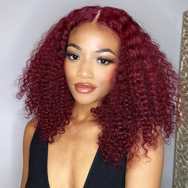 Burgundy Color Jerry Curl Bob Wig T Part Simple Lace Wig