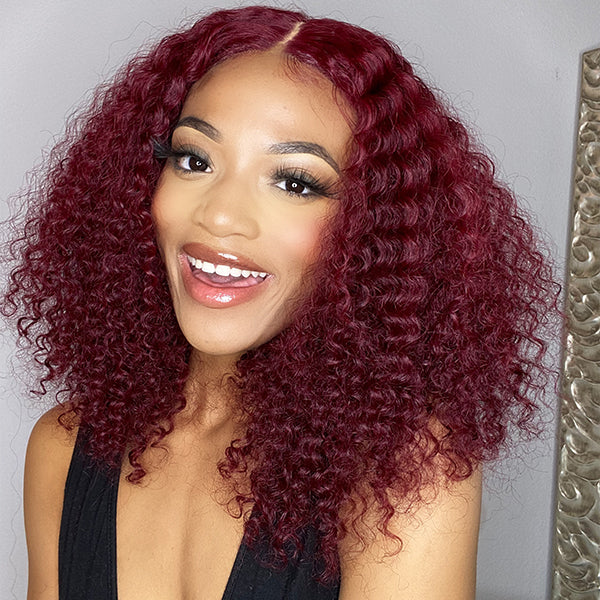 Burgundy Color Jerry Curl Bob Wig T Part Simple Lace Wig