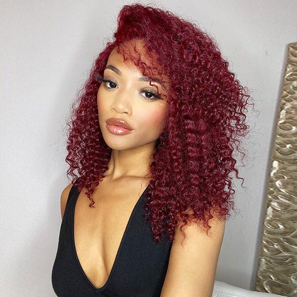 Burgundy Color Jerry Curl Bob Wig T Part Simple Lace Wig