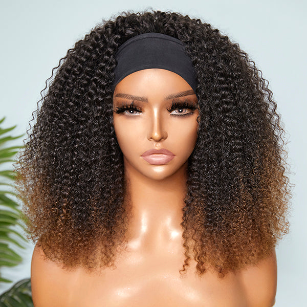 Fluffy Ombre Brown Jerry Curl Headband Wig | Throw On & Go (Get Free Trendy Headbands)