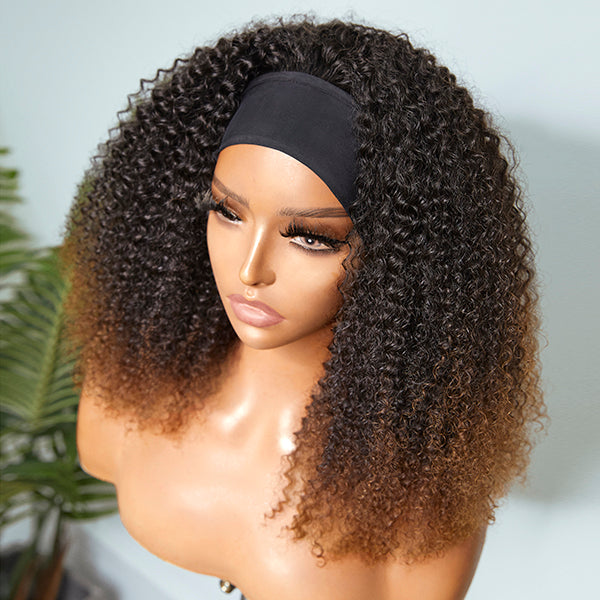 Fluffy Ombre Brown Jerry Curl Headband Wig | Throw On & Go (Get Free Trendy Headbands)