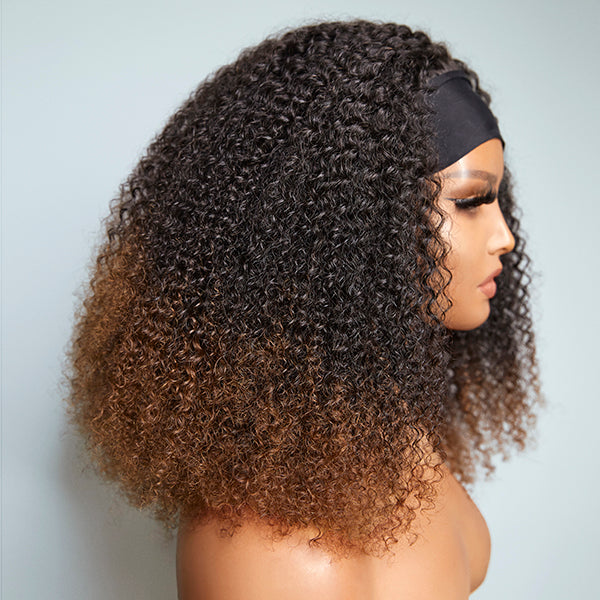 Fluffy Ombre Brown Jerry Curl Headband Wig | Throw On & Go (Get Free Trendy Headbands)