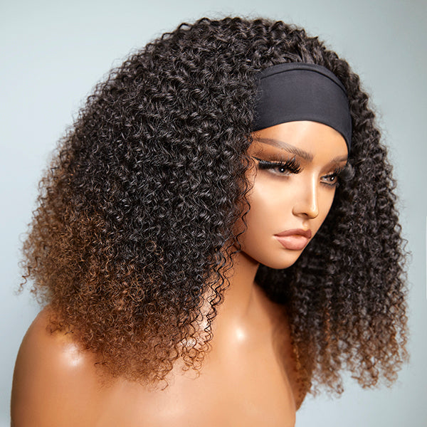 Fluffy Ombre Brown Jerry Curl Headband Wig | Throw On & Go (Get Free Trendy Headbands)