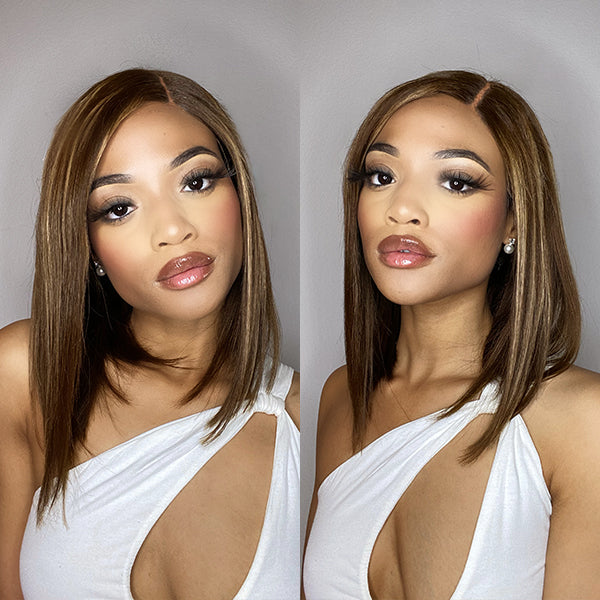 Highlights Bronze Brown Bob Wig Glueless T Part Lace Closure Simple Lace Wig