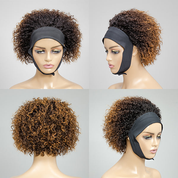 Brown Ombre Short Jerry Curl Headband Wig | Throw On & Go (Get Free Trendy Headbands)