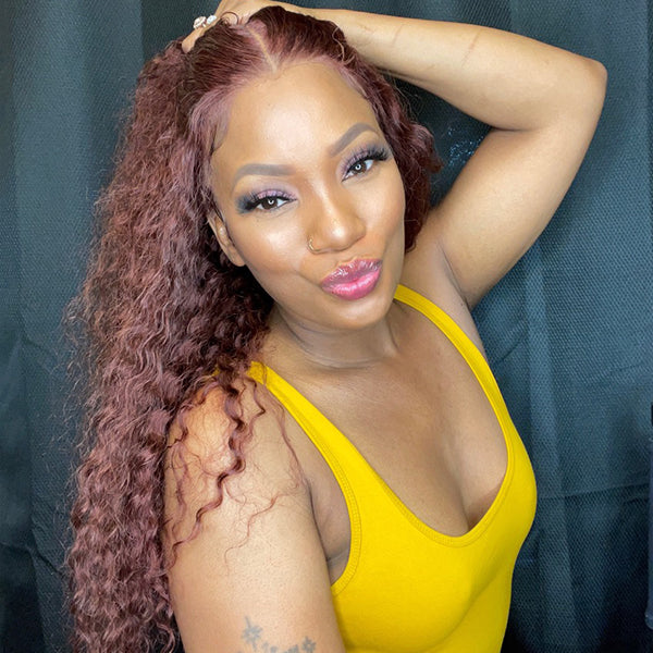 Cinnamon Brown Color Deep Wave Extented 4X4 Closure Lace Wig