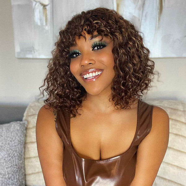 Fabulous Mix Color Curly Lace Closure Bob Wig With Bangs