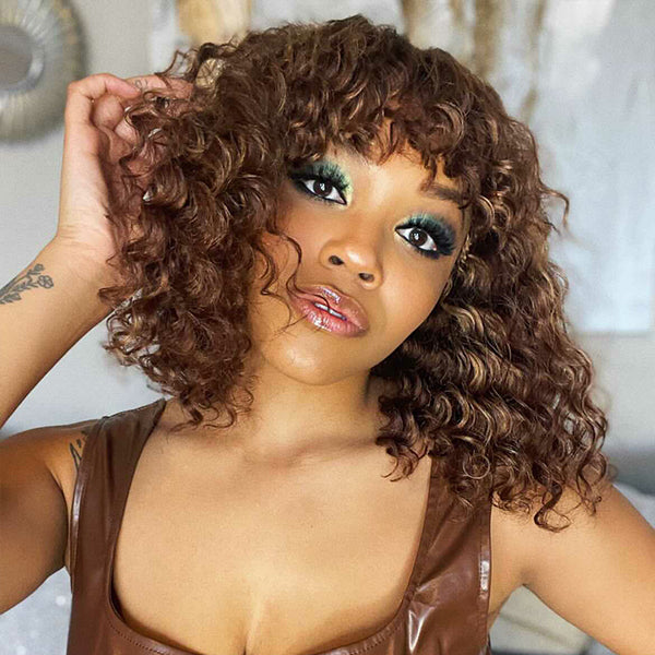 Fabulous Mix Color Curly Lace Closure Bob Wig With Bangs