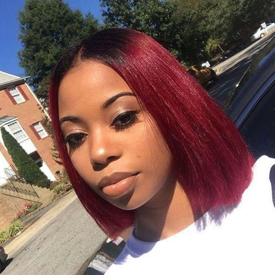 Burgundy Color Bob Wig With Black Roots Glueless Compact 13X4 Frontal Lace Wig