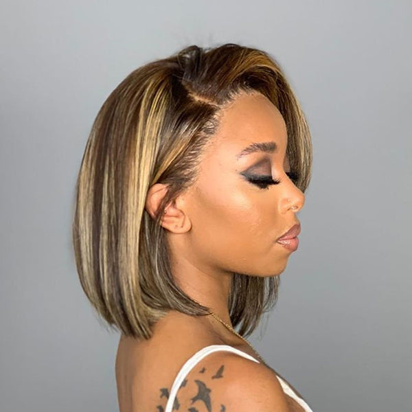 Highlights Mix Color Bob Wig Side Part T Part Simple Lace Closure Wig