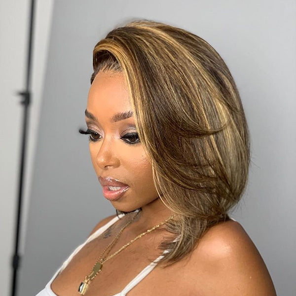 Highlights Mix Color Bob Wig Side Part T Part Simple Lace Closure Wig