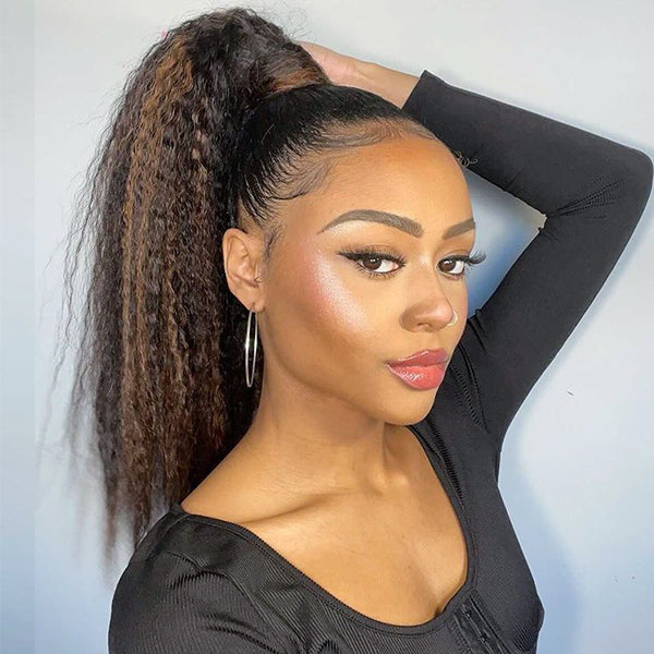 Highlights Kinky Straight Human Hair Ponytail | Easy To Wear