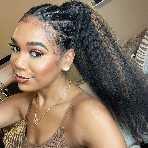 Highlights Kinky Straight Human Hair Ponytail | Easy To Wear