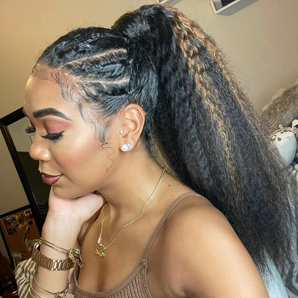 Highlights Kinky Straight Human Hair Ponytail | Easy To Wear