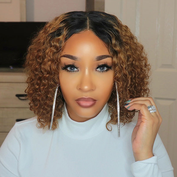 Honey Brown Curly Bob Wig Ombre High Density Closure Wig